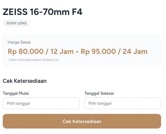Halaman produk publik Griya Kamera Rental menampilkan harga sewa dan formulir cek ketersediaan berdasarkan tanggal