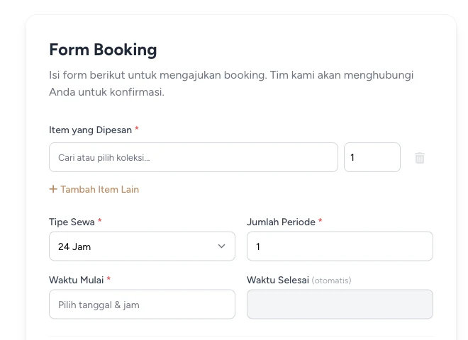 Formulir booking publik Griya Kamera Rental untuk mengajukan sewa tanpa login