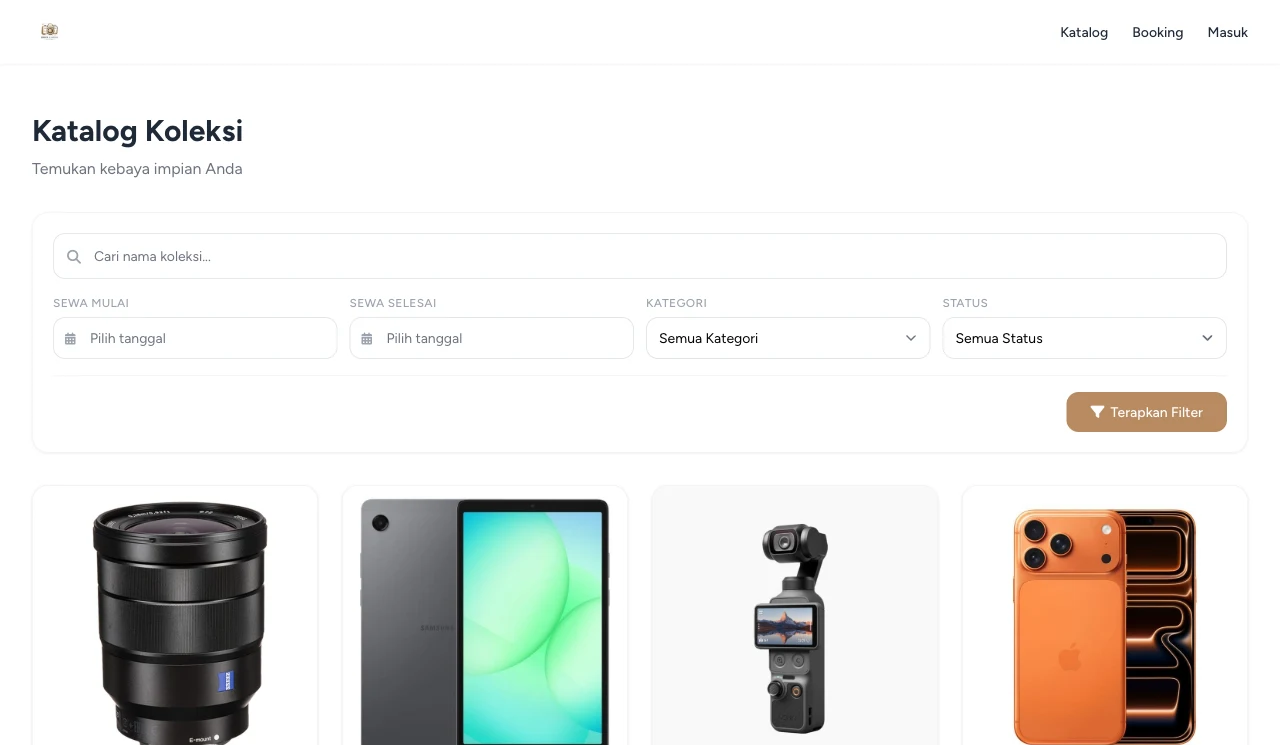 Katalog publik Griya Kamera Rental: pencarian, filter tanggal sewa, dan status ketersediaan tiap barang